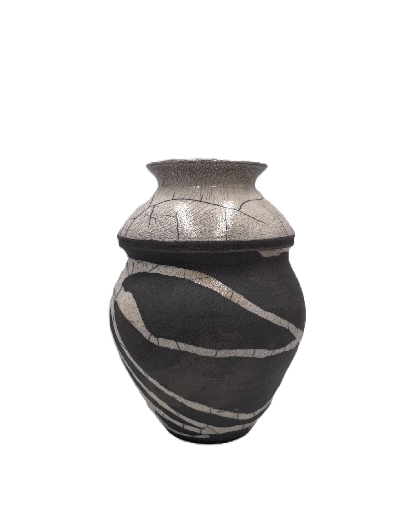 Decorative ceramic vessel with black and cream raku design on a white background
