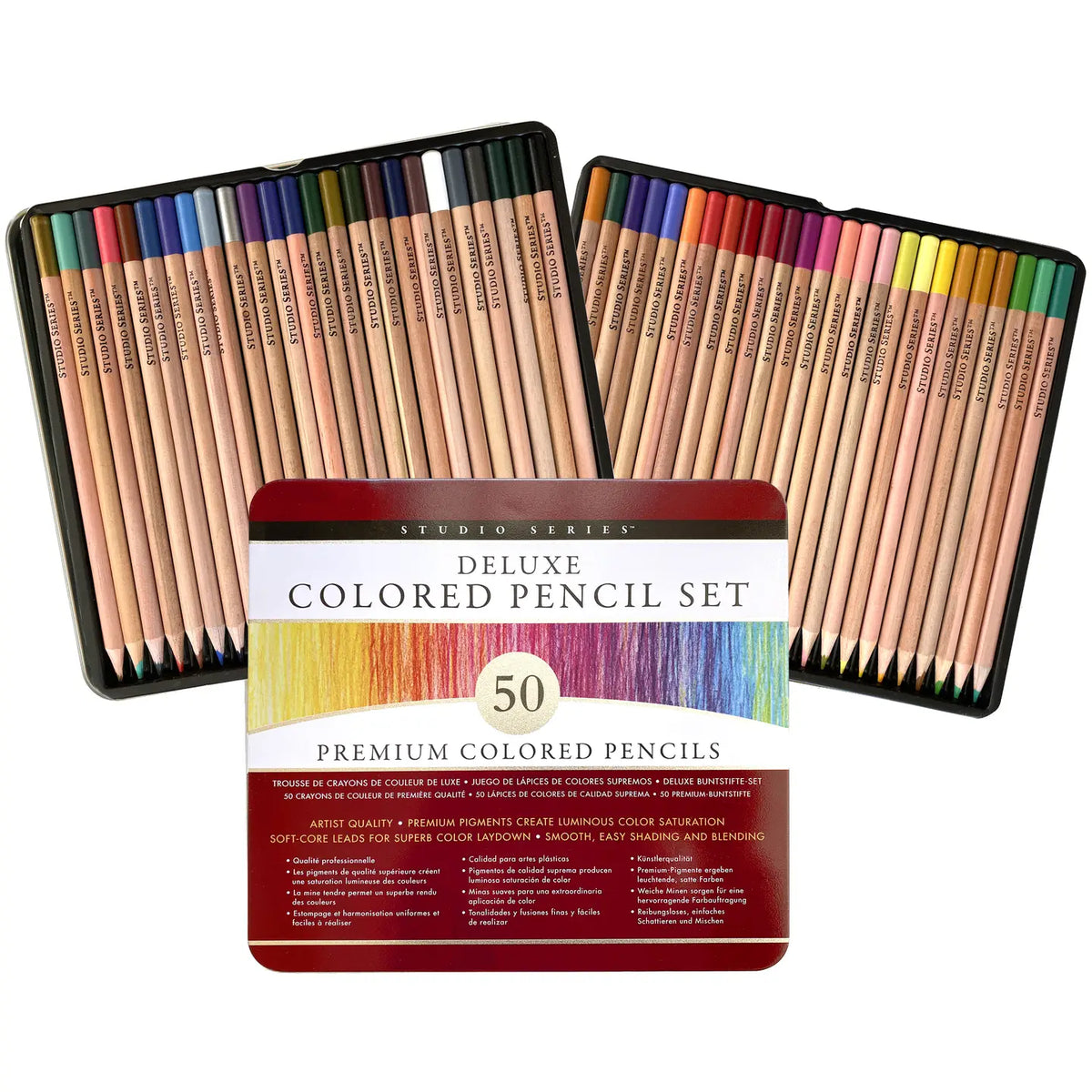 Studio Series Deluxe Colored Pencil Set with 50 premium colored pencils in a black metal case, shown with the front packaging box and two angled views of the pencils inside the cases on a white background.