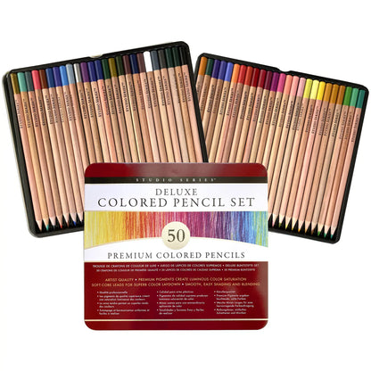 Studio Series Deluxe Colored Pencil Set with 50 premium colored pencils in a black metal case, shown with the front packaging box and two angled views of the pencils inside the cases on a white background.