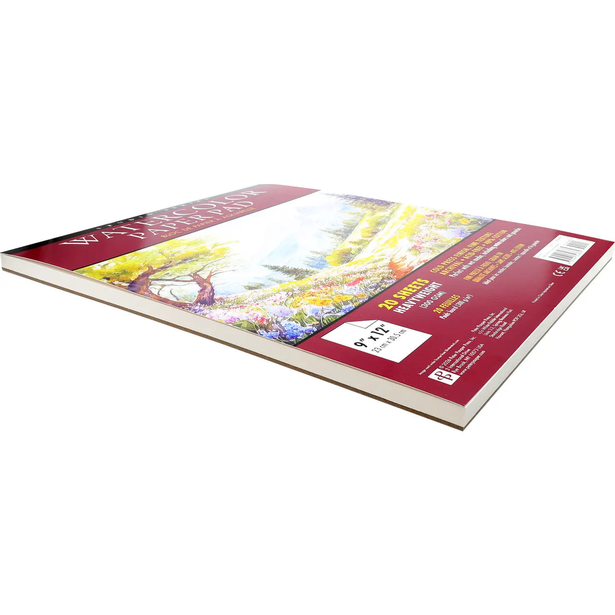A Studio Series Watercolor Paper Pad angled diagonally on a plain white background. The cover features a red border with the title  and a colorful landscape painting in the center.