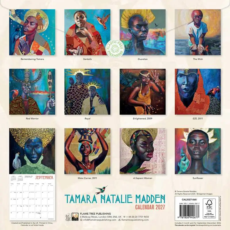 Back cover of a Tamara Natalie Madden 2027 Wall Calendar depicting 12 of her paintings all featuring black female figures.