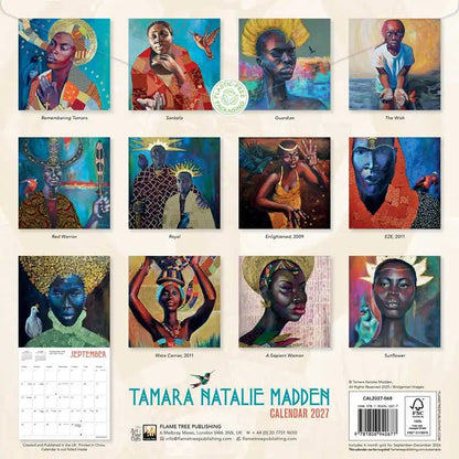 Back cover of a Tamara Natalie Madden 2027 Wall Calendar depicting 12 of her paintings all featuring black female figures.
