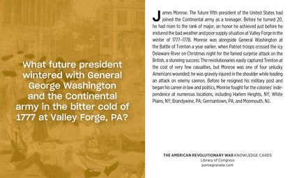 Knowledge card about James Monroe's involvement with General George Washington during Valley Forge, with text and historical illustration.