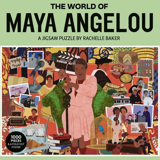 Front cover of 'The World of Maya Angelou' jigsaw puzzle by Rachelle Baker, featuring a light green top and bottom border and a colorful illustrated collage in the center with the title text at the top.