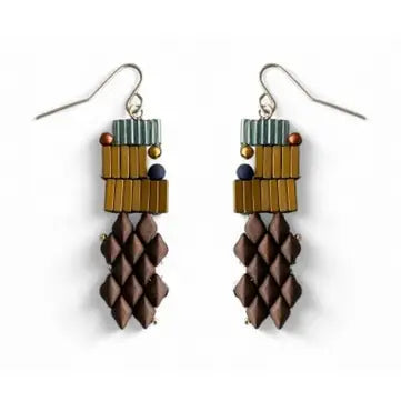 Pair of beaded earrings with geometric design on a white background