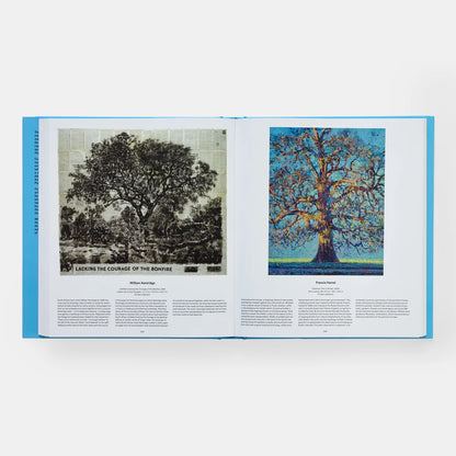 Open book showing two tree illustrations side by side on a white background