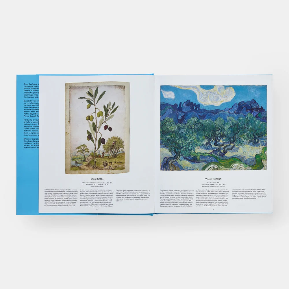 Open book showing a page with two artworks: a botanical illustration and a blue and green landscape painting by Van Gogh.