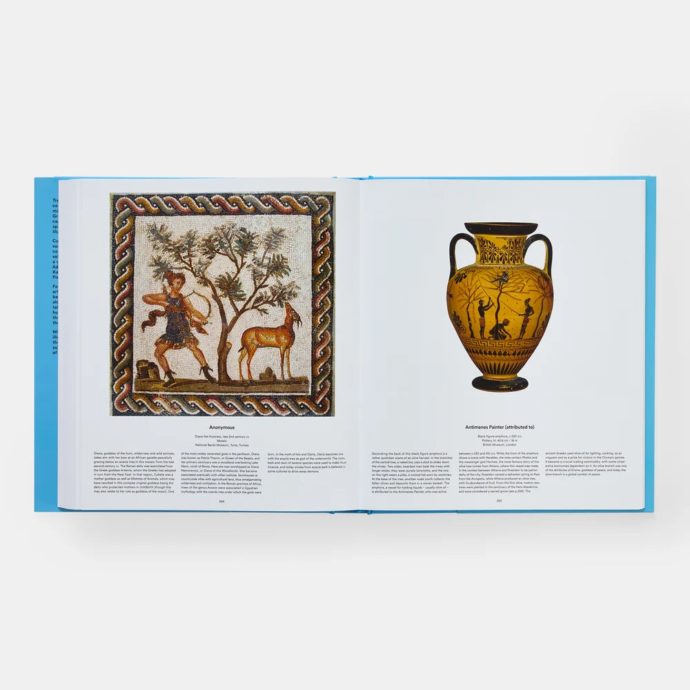 Open book showing a mosaic and an amphora on a white background