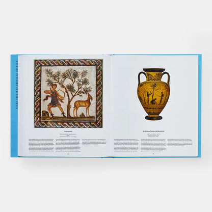 Open book showing a mosaic and an amphora on a white background