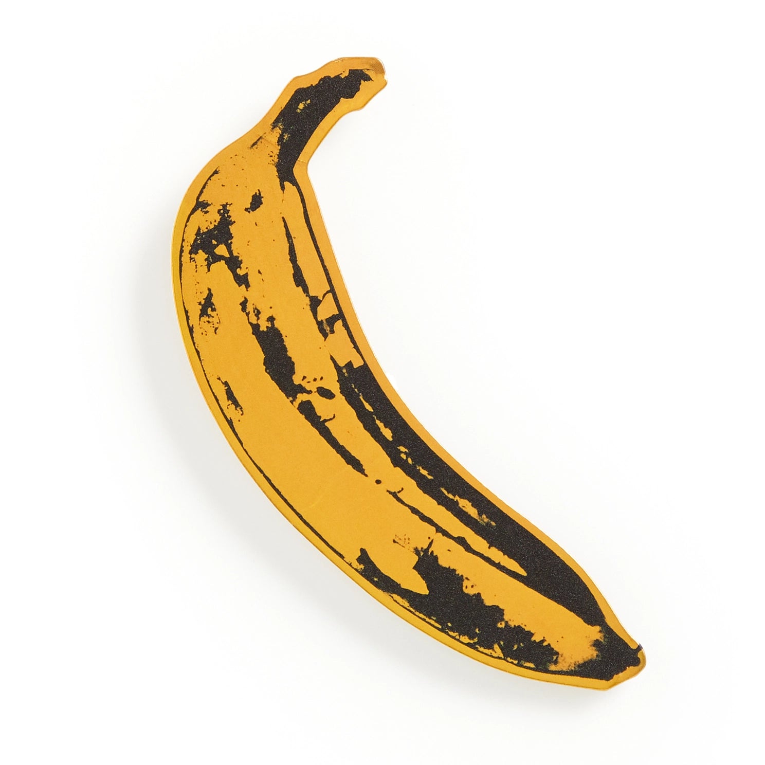 A yellow and black banana shaped bookmark on a white background
