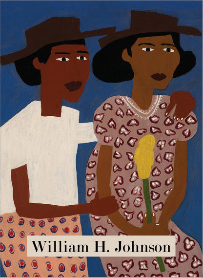 Cover of boxed notecards featuring artwork by 'William H. Johnson' . Two seated women on a blue background.