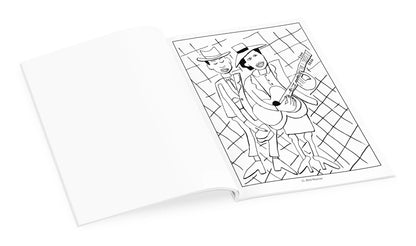 Open book with a black and white illustration of a couple on a white background