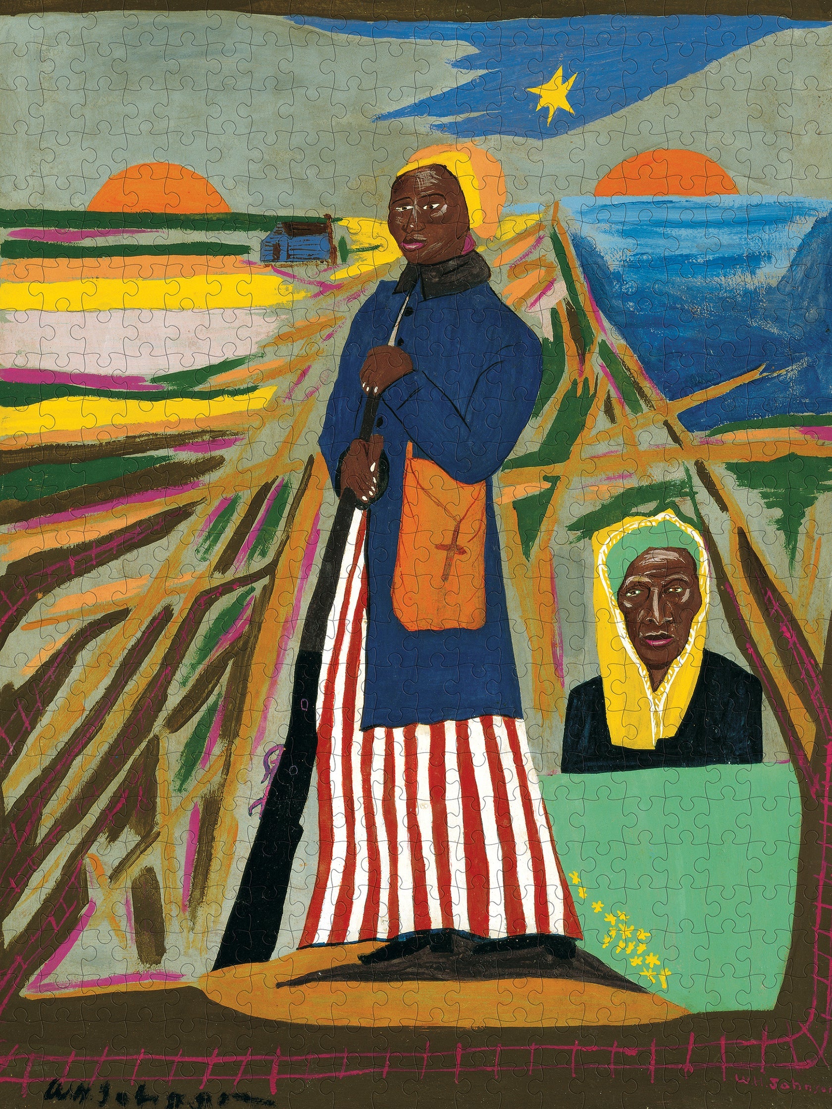 Artistic depiction of two figures against a colorful landscape with a star in the sky.