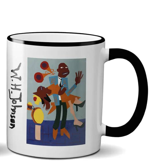 A white mug with artistic designs of musicians with the words W.H. Johnson on a white background