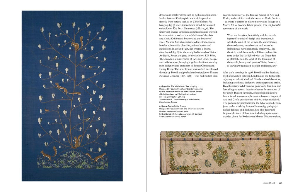 A two-page spread from a printed publication showing a dark blue botanical illustration with white flowers and gold linework on the left page, plus columns of text and a small rectangular product photo at the bottom right. 