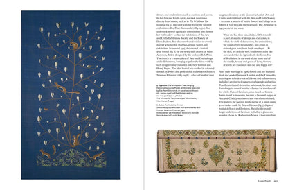 A two-page spread from a printed publication showing a dark blue botanical illustration with white flowers and gold linework on the left page, plus columns of text and a small rectangular product photo at the bottom right. 