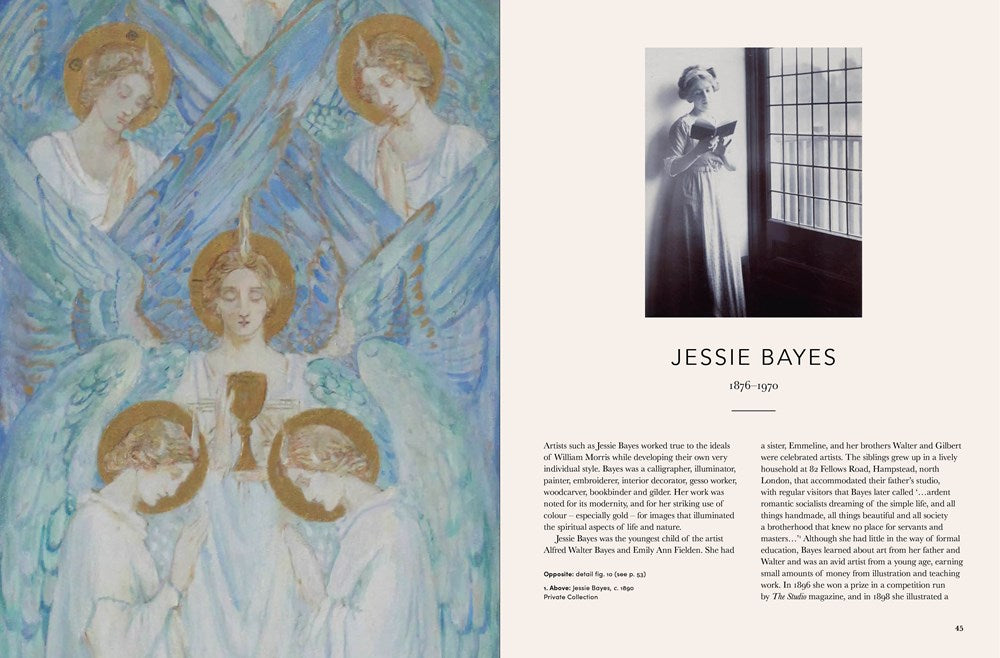 An open book spread showing a large illustrated page on the left with a pastel angel painting and the text 'JESSIE BAYES 1891-1929' on the right, plus a small black-and-white photo and biographical text.