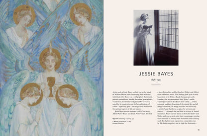 An open book spread showing a large illustrated page on the left with a pastel angel painting and the text 'JESSIE BAYES 1891-1929' on the right, plus a small black-and-white photo and biographical text.