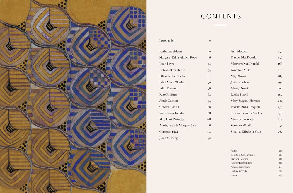 An open book spread showing a detailed abstract geometric cover illustration on the left page and a printed contents page on the right page, featuring blue, gold, black, and beige tones.
