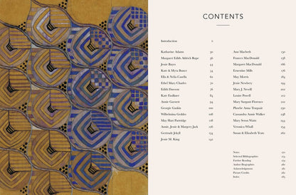 An open book spread showing a detailed abstract geometric cover illustration on the left page and a printed contents page on the right page, featuring blue, gold, black, and beige tones.