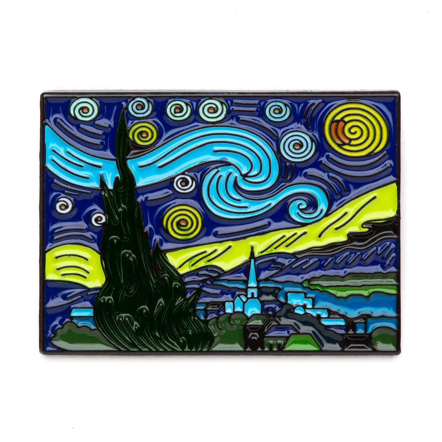 Stylized version of 'The Starry Night' with abstract patterns on a rectangular background