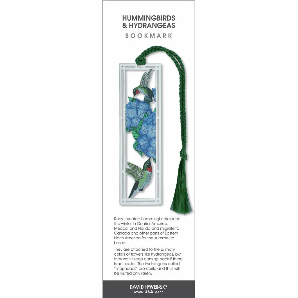 Bookmark with hummingbird and hydrangea design on a white background