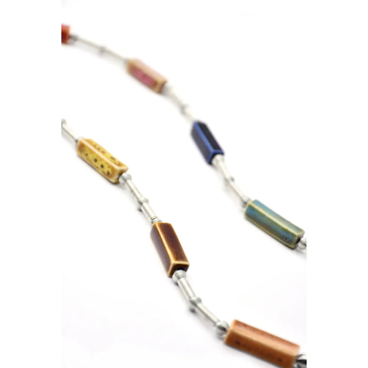Long Silver Necklace with Ceramic Beads