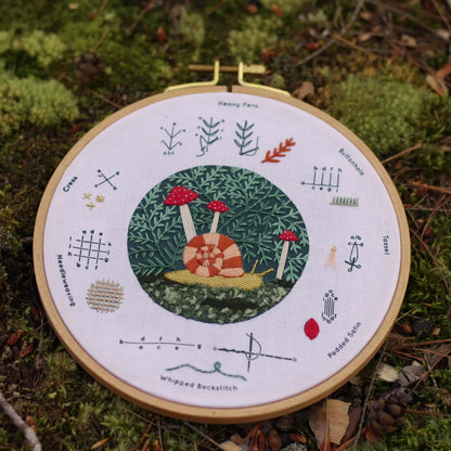 Embroidery hoop with nature-themed design on a mossy background