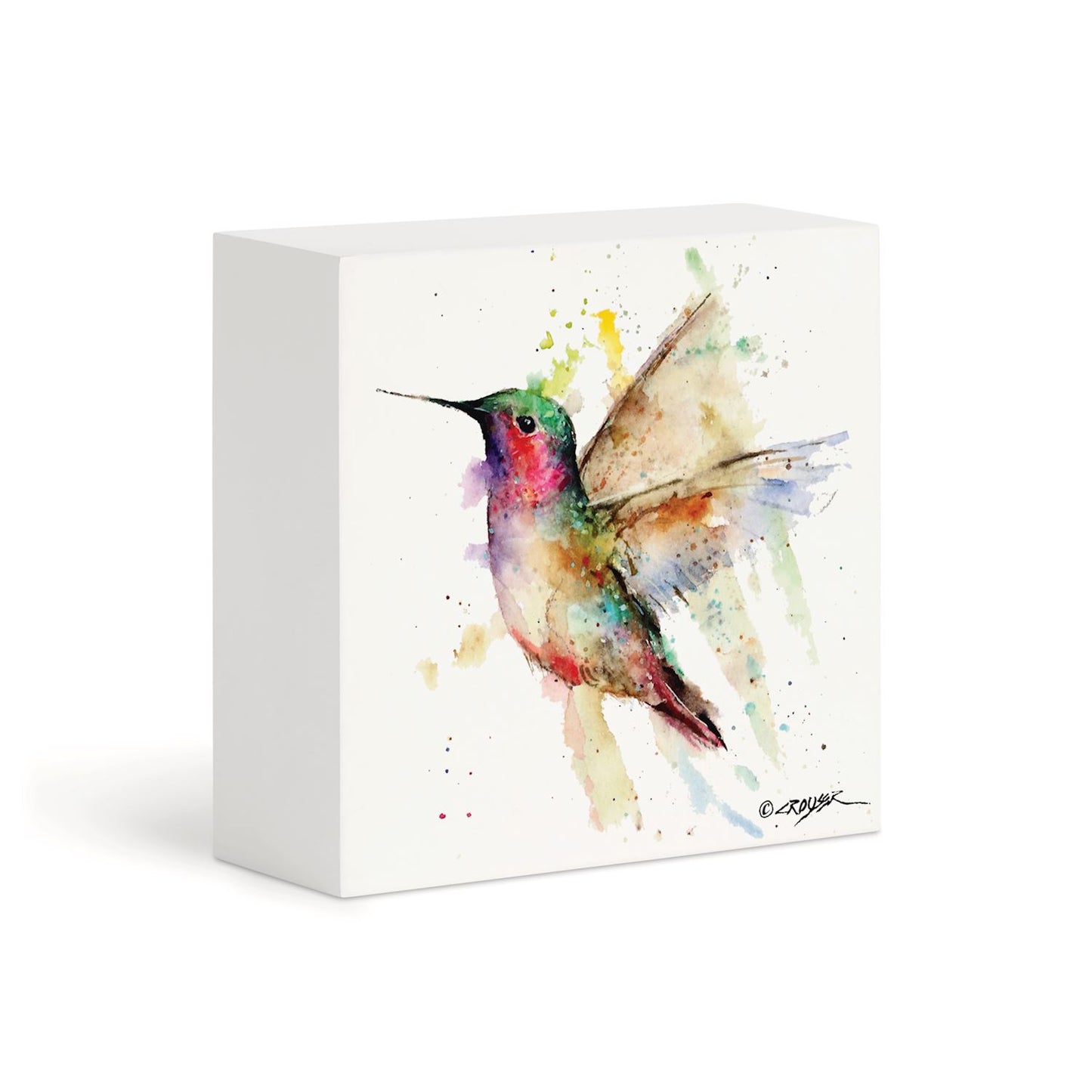 Colorful  watercolor hummingbird print on a wood block