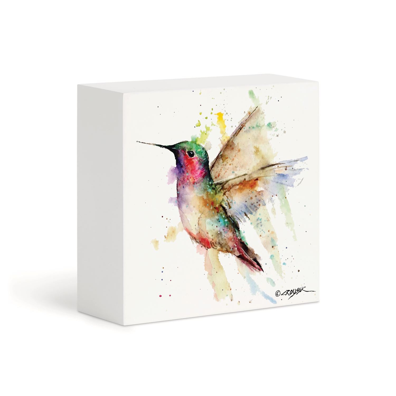 Colorful  watercolor hummingbird print on a wood block