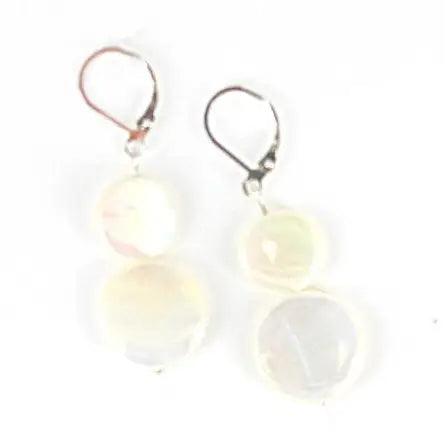 Pair of earrings with round, light mother of pearl stones on a white background
