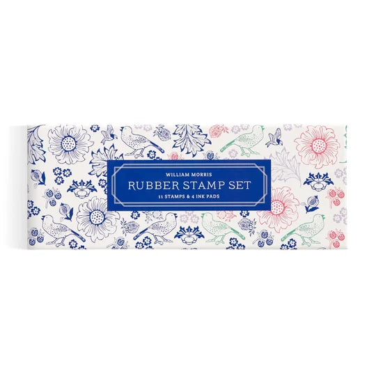 William Morris Rubber Stamp Set packaging, featuring a white background with blue and pink floral patterns and a central blue label.