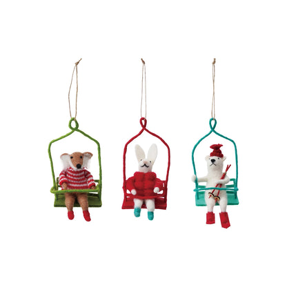 Wool Felt Animal in Ski Lift Ornament